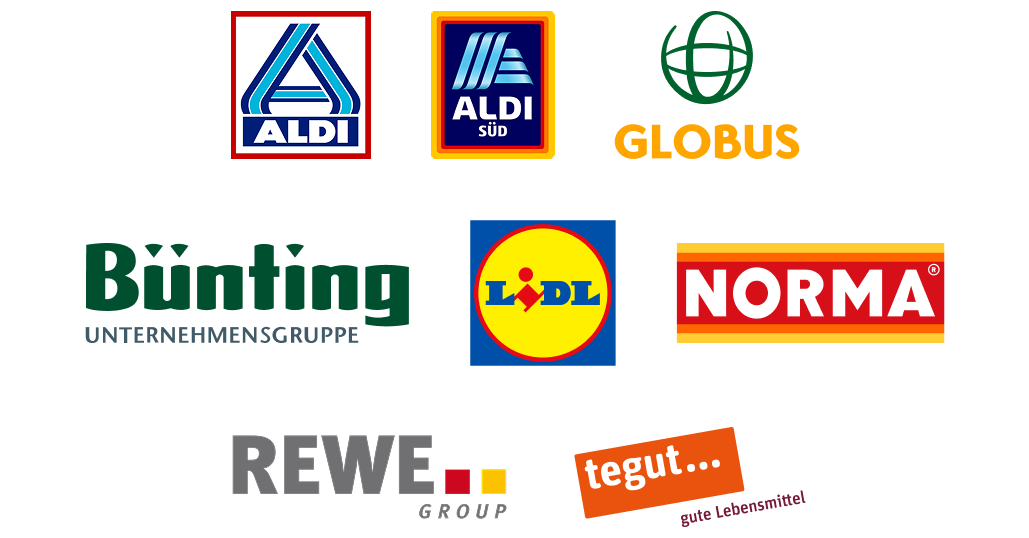 Aldi Nord, Aldi Süd, Globus, Bünting, Lidl, Norma, Rewe und tegut
